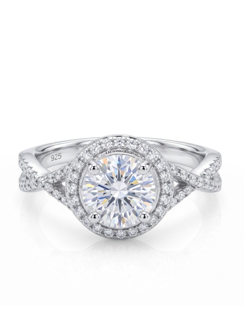 Classic Engagement Style Round Halo ring with twist band,  925 Sterling Silver